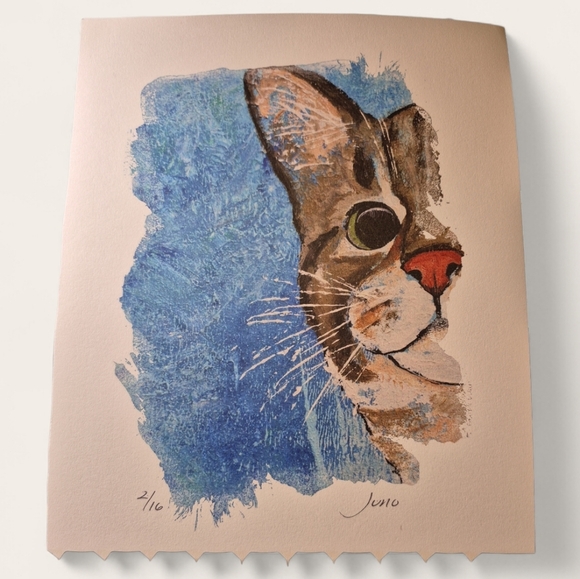 Other - Charming Cat Art Print with Blue and Brown Accents, does not include frame.